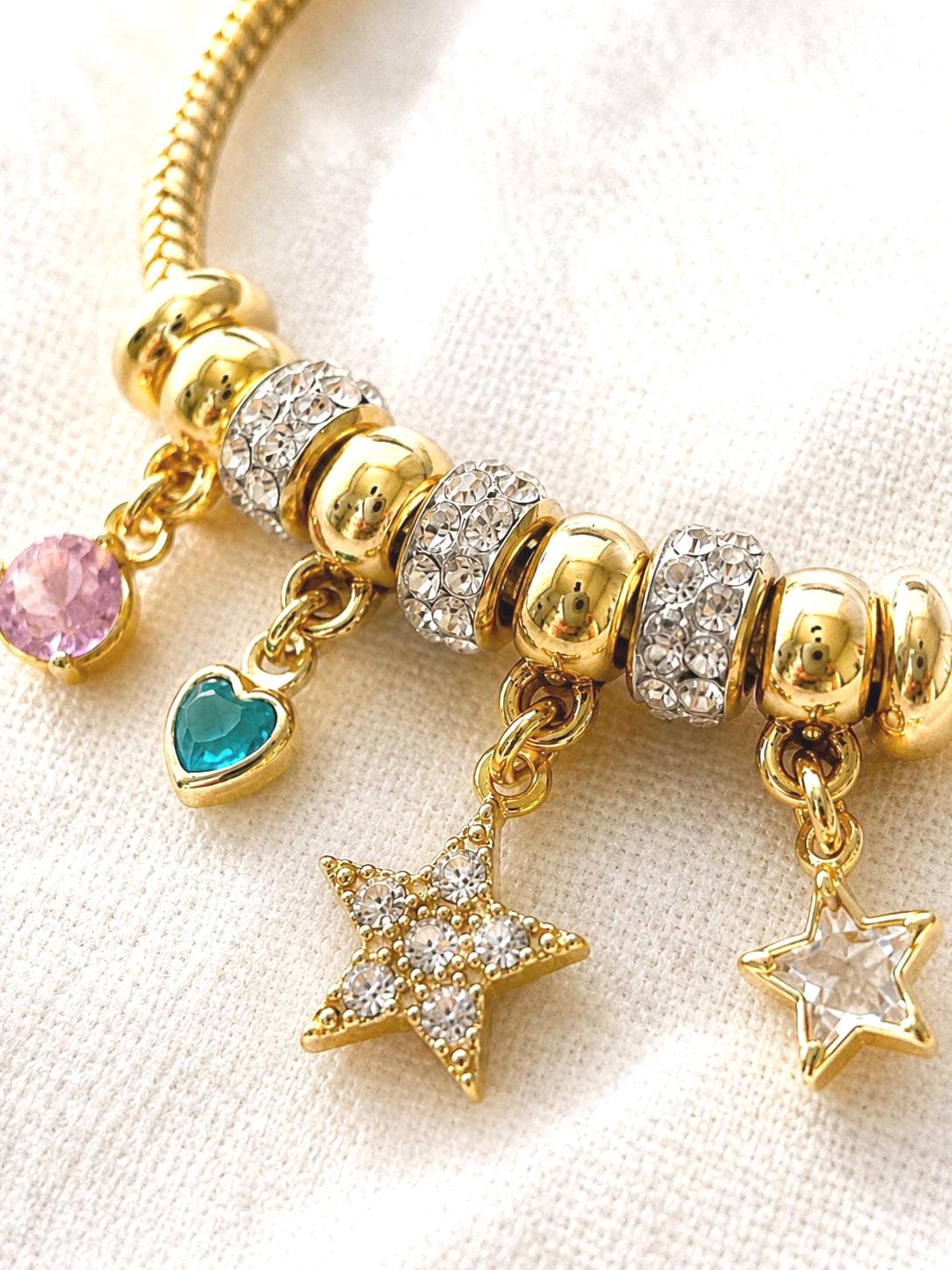Gold Charm Bracelet for Women, 14K Gold Plated Stainless Steel, Adjustable Non Tarnish Bracelet, Cute Star Charm Jewelry Gift