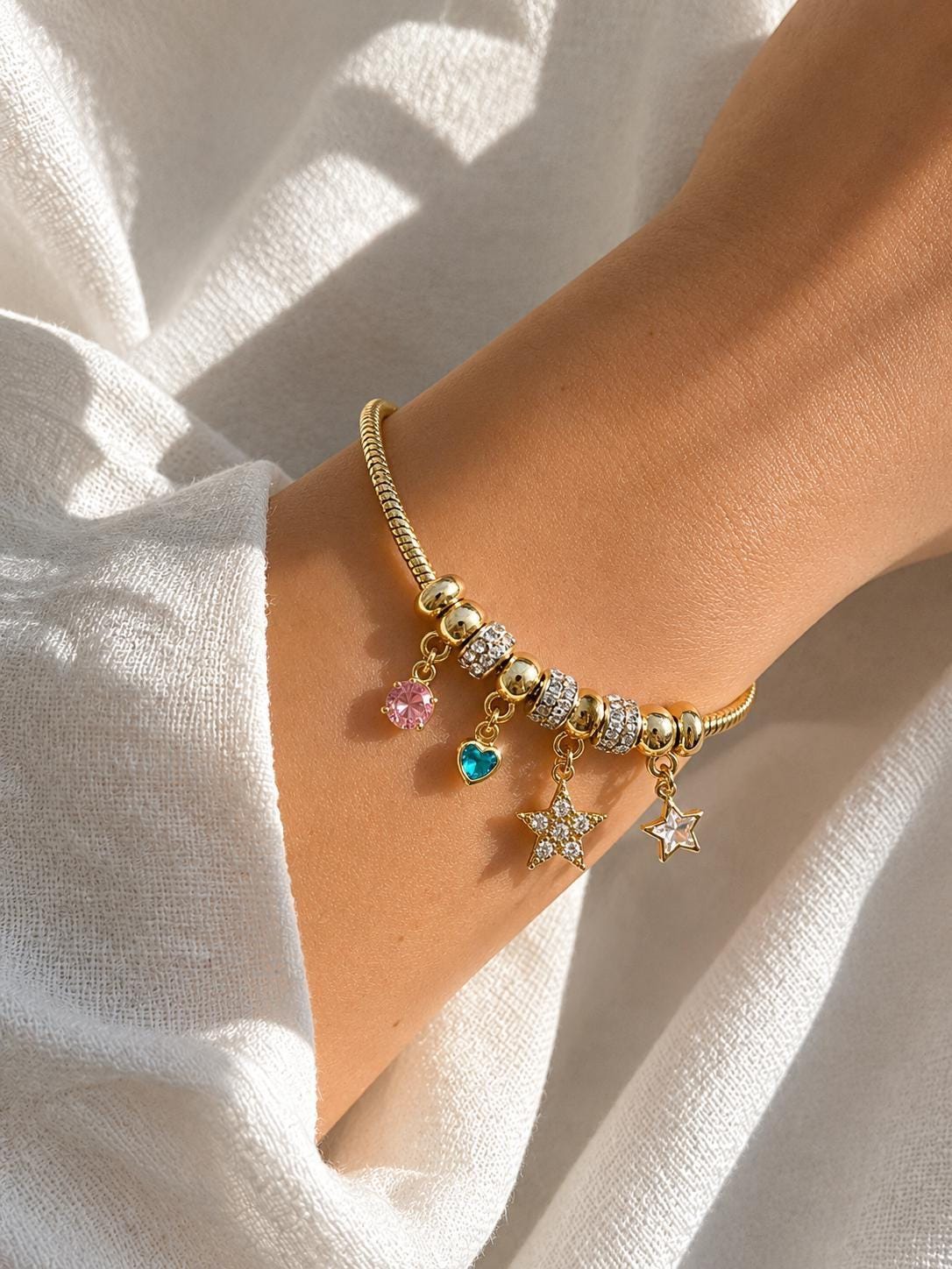 Gold Charm Bracelet for Women, 14K Gold Plated Stainless Steel, Adjustable Non Tarnish Bracelet, Cute Star Charm Jewelry Gift