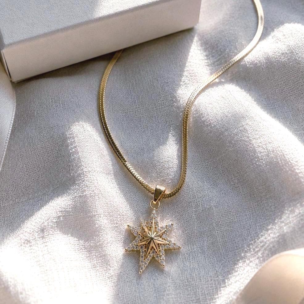 Gold Starburst Necklace for Women, 18K Gold Plated Stainless Steel, CZ North Star Pendant, Adjustable Herringbone Chain, Tarnish Resistant