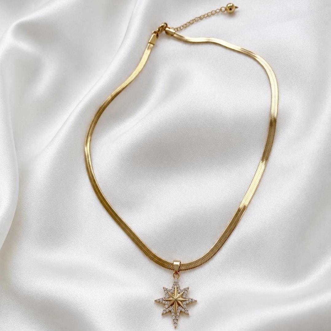 Gold Starburst Necklace for Women, 18K Gold Plated Stainless Steel, CZ North Star Pendant, Adjustable Herringbone Chain, Tarnish Resistant