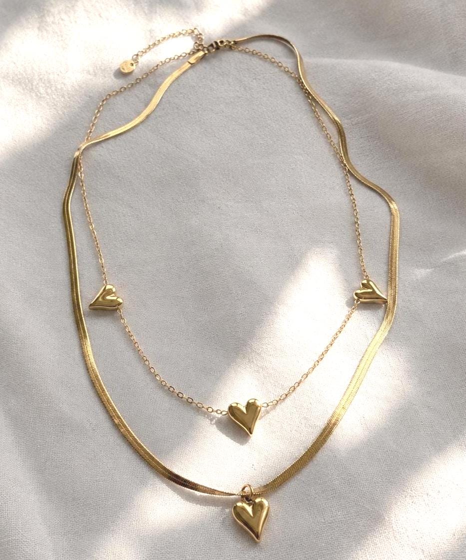 Gold Layered Heart Necklace for Women, Waterproof 316L Stainless Steel, Adjustable Double Layer Necklace, Minimalist Jewelry Gift