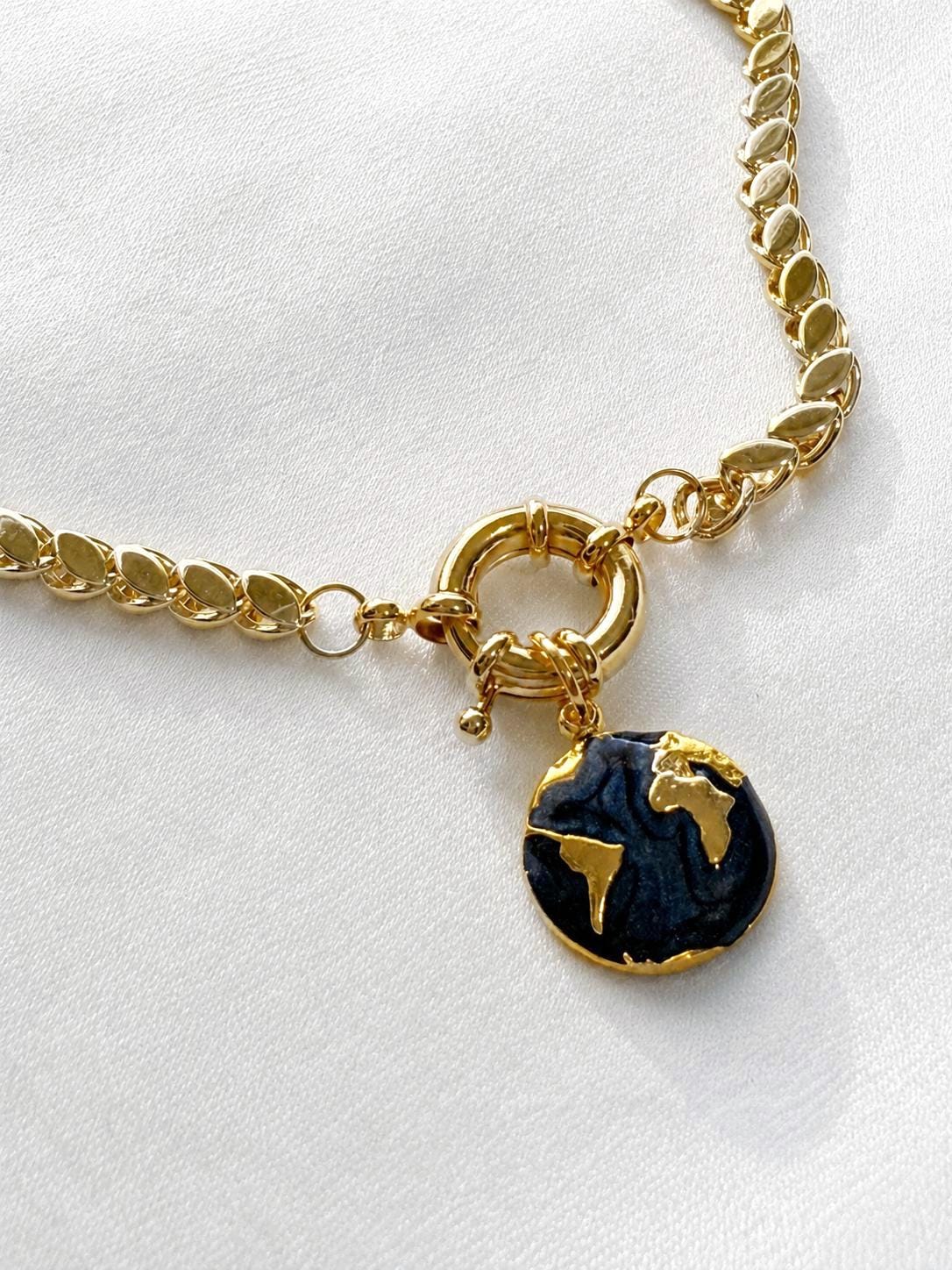 Chunky Gold Necklace with Blue Pendant, Bold Flat Chain Necklace, Toggle Necklace, 14K Gold Plated Stainless Steel