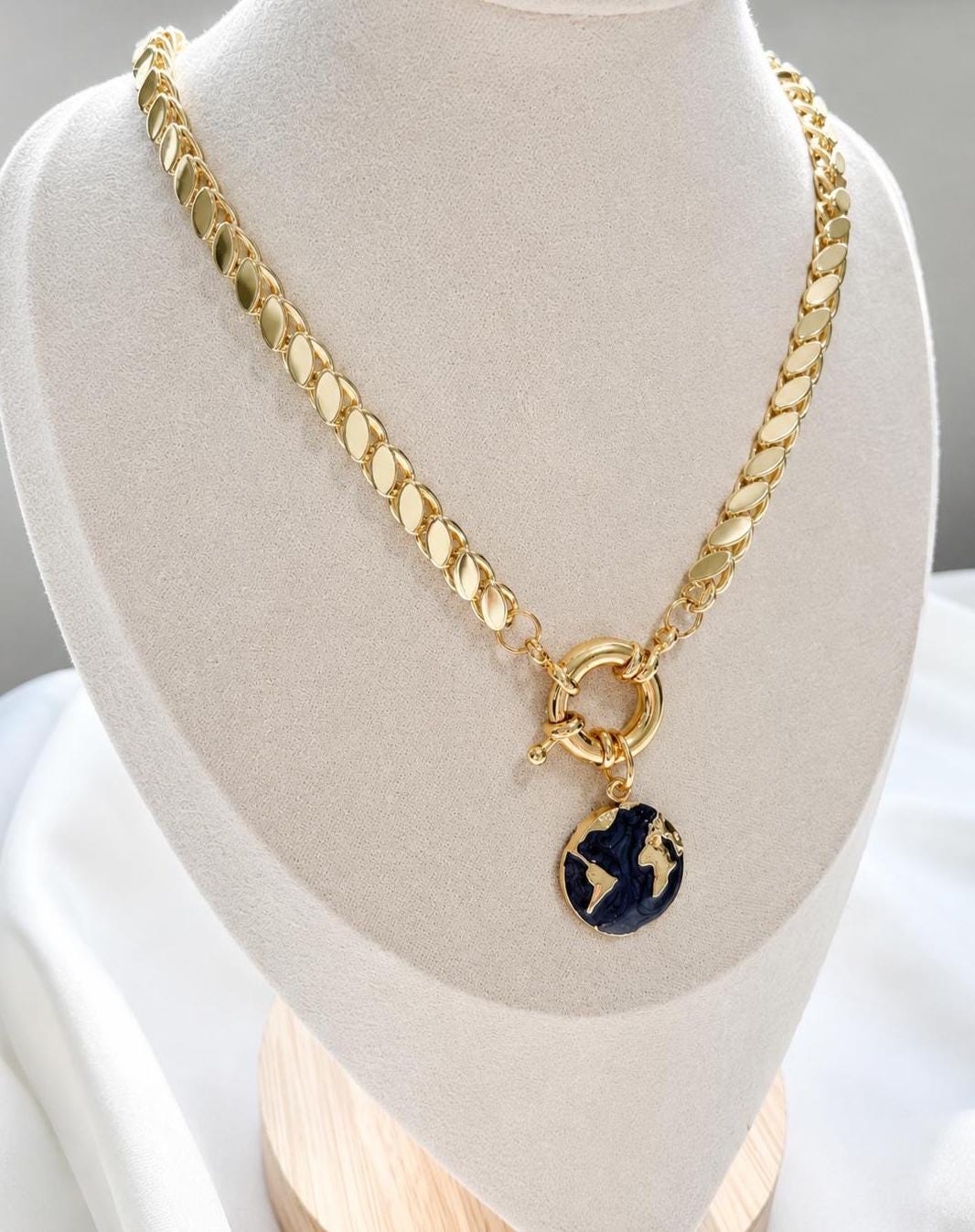 Chunky Gold Necklace with Blue Pendant, Bold Flat Chain Necklace, Toggle Necklace, 14K Gold Plated Stainless Steel