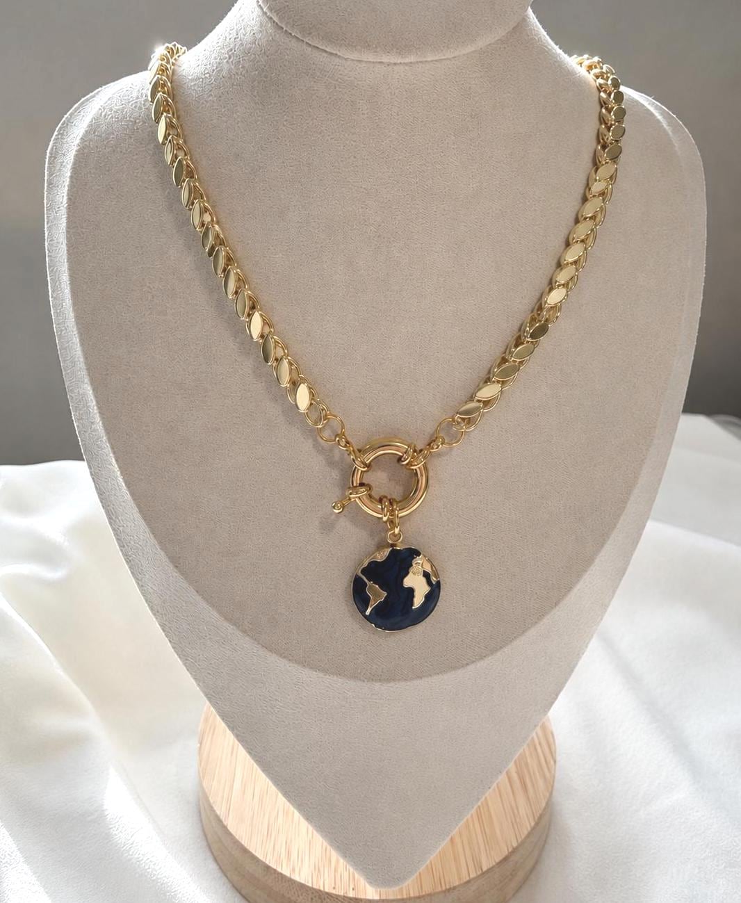 Chunky Gold Necklace with Blue Pendant, Bold Flat Chain Necklace, Toggle Necklace, 14K Gold Plated Stainless Steel