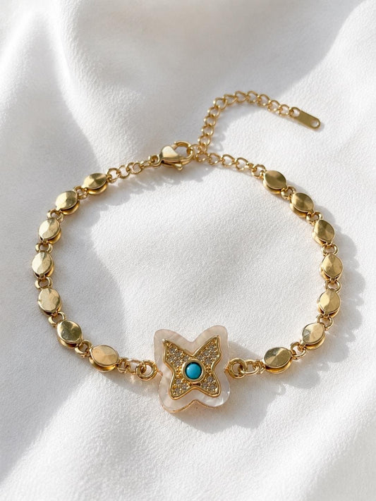 Gold Butterfly Bracelet, Mother of Pearl Bracelet, Waterproof Bracelet, Non Tarnish Jewelry, Dainty Gold Bracelet Gift for Her