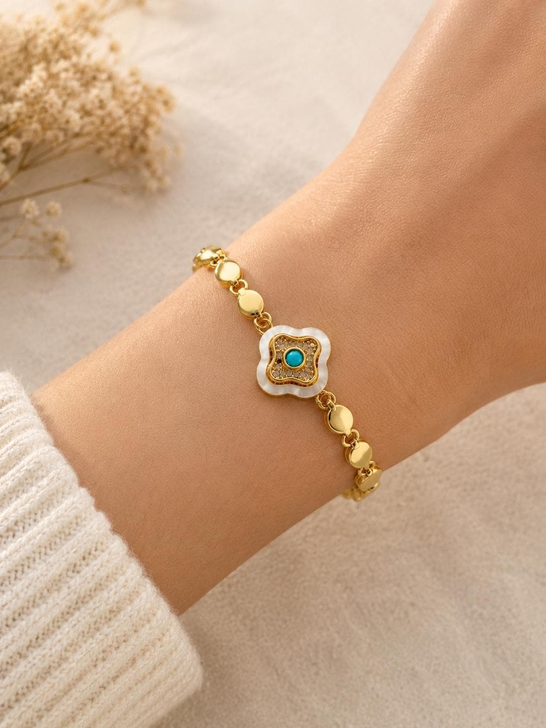Turquoise Mother of Pearl Bracelet|Gold Charm Bracelet|Waterproof Gold Bracelet|Coastal Beach Jewelry|Gift for Her