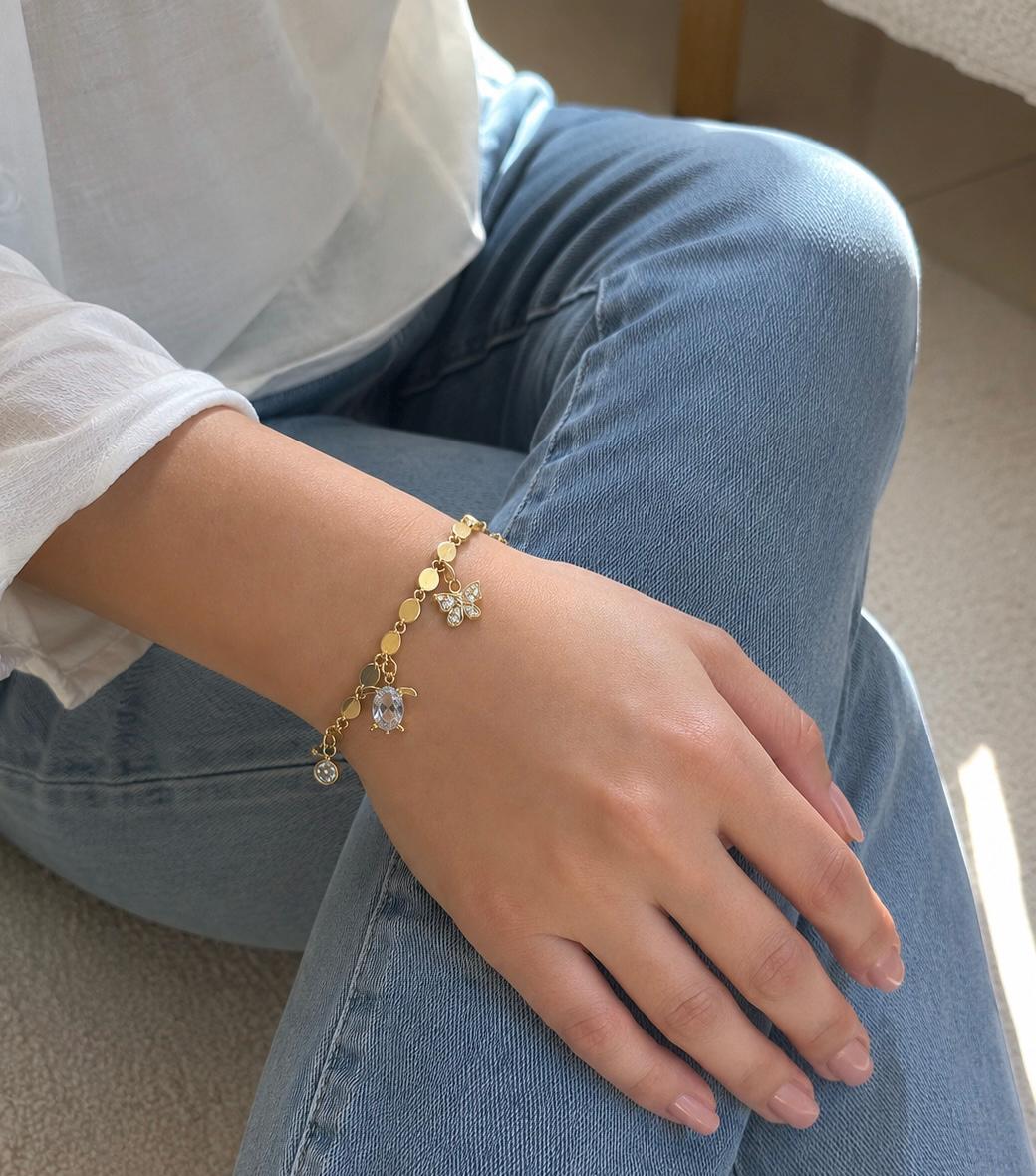 Sea Turtle Bracelet|Gold Charm Bracelet|Butterfly Bracelet|Coastal Jewelry|Beach Lover Gift|Waterproof Gold Bracelet|Gift for her