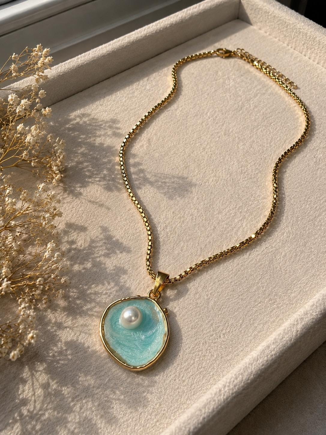 Coastal Pearl Necklace, Ocean Pendant Necklace, Gold Pearl Necklace, Beach Jewelry, Mermaid Necklace, Waterproof Necklace, Gift for Her