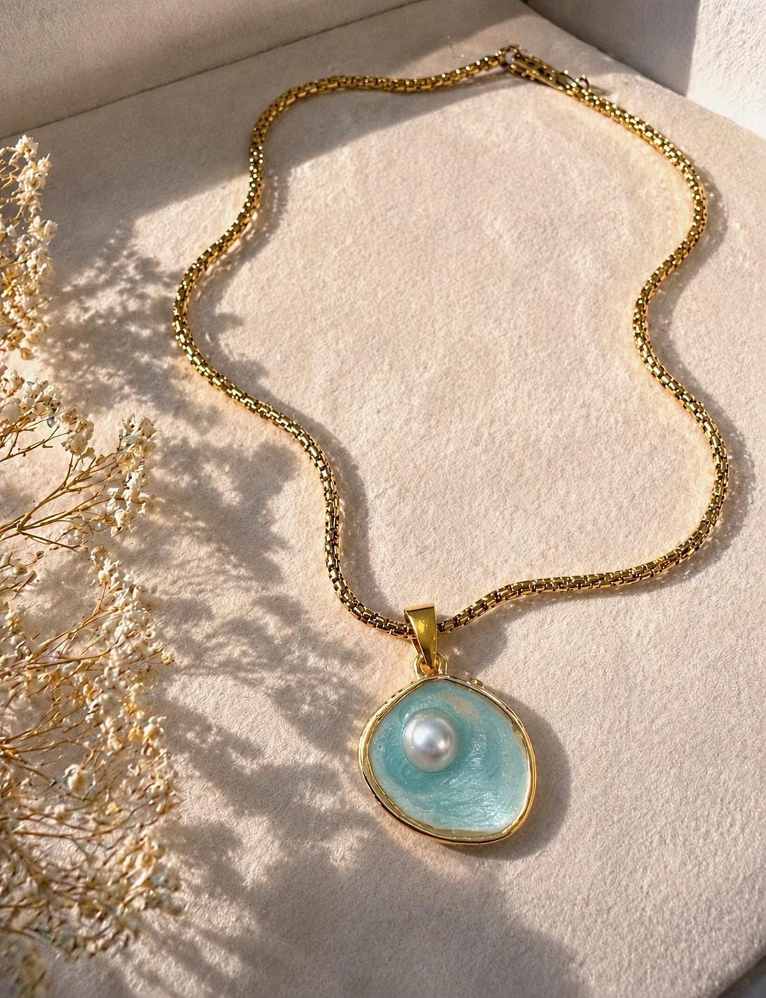 Coastal Pearl Necklace, Ocean Pendant Necklace, Gold Pearl Necklace, Beach Jewelry, Mermaid Necklace, Waterproof Necklace, Gift for Her
