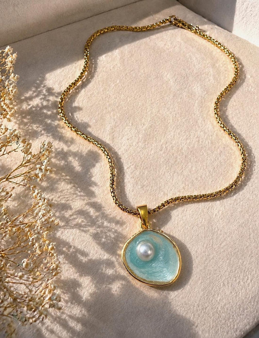 Coastal Pearl Necklace, Ocean Pendant Necklace, Gold Pearl Necklace, Beach Jewelry, Mermaid Necklace, Waterproof Necklace, Gift for Her