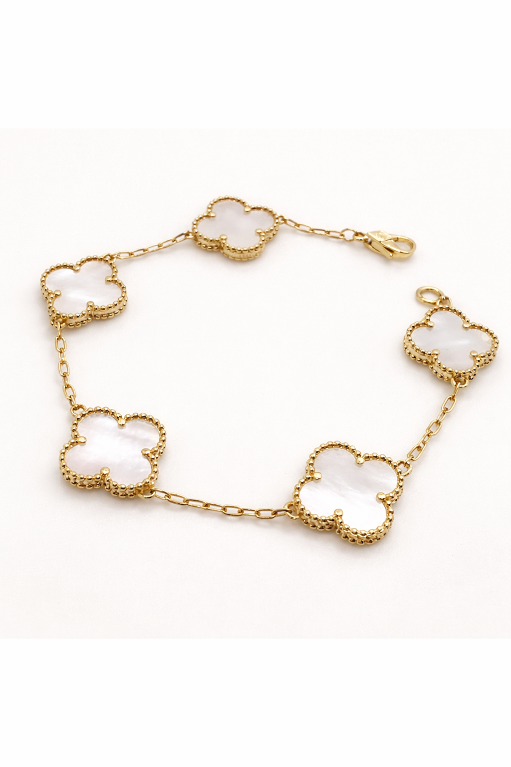 Mother of pearl clover bracelet in 925 sterling silver with 18K gold plating by Angie’s Jewelry